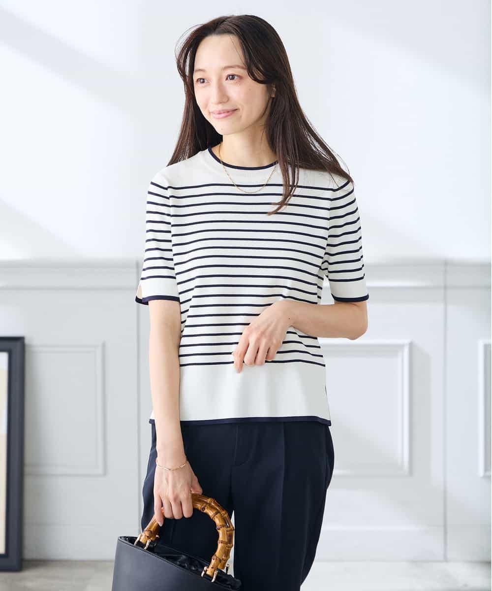 K3FGD20039 a.v.v Elmi(アー・ヴェ・ヴェ) 【低身長サイズ】ハーフスリーブクルーネックサマーニット【洗える/接触冷感/UVカット】 グリーン