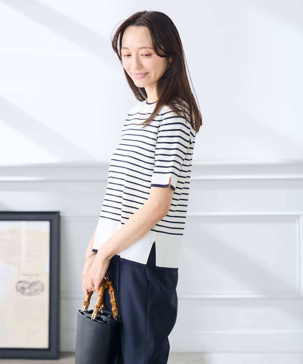 K3FGD20039 a.v.v Elmi(アー・ヴェ・ヴェ) 【低身長サイズ】ハーフスリーブクルーネックサマーニット【洗える/接触冷感/UVカット】 グリーン