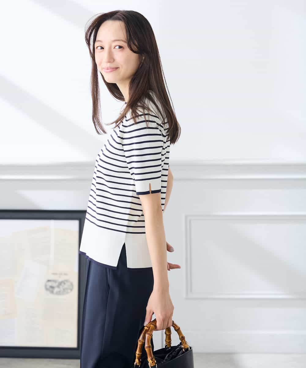 K3FGD20039 a.v.v Elmi(アー・ヴェ・ヴェ) 【低身長サイズ】ハーフスリーブクルーネックサマーニット【洗える/接触冷感/UVカット】 グリーン