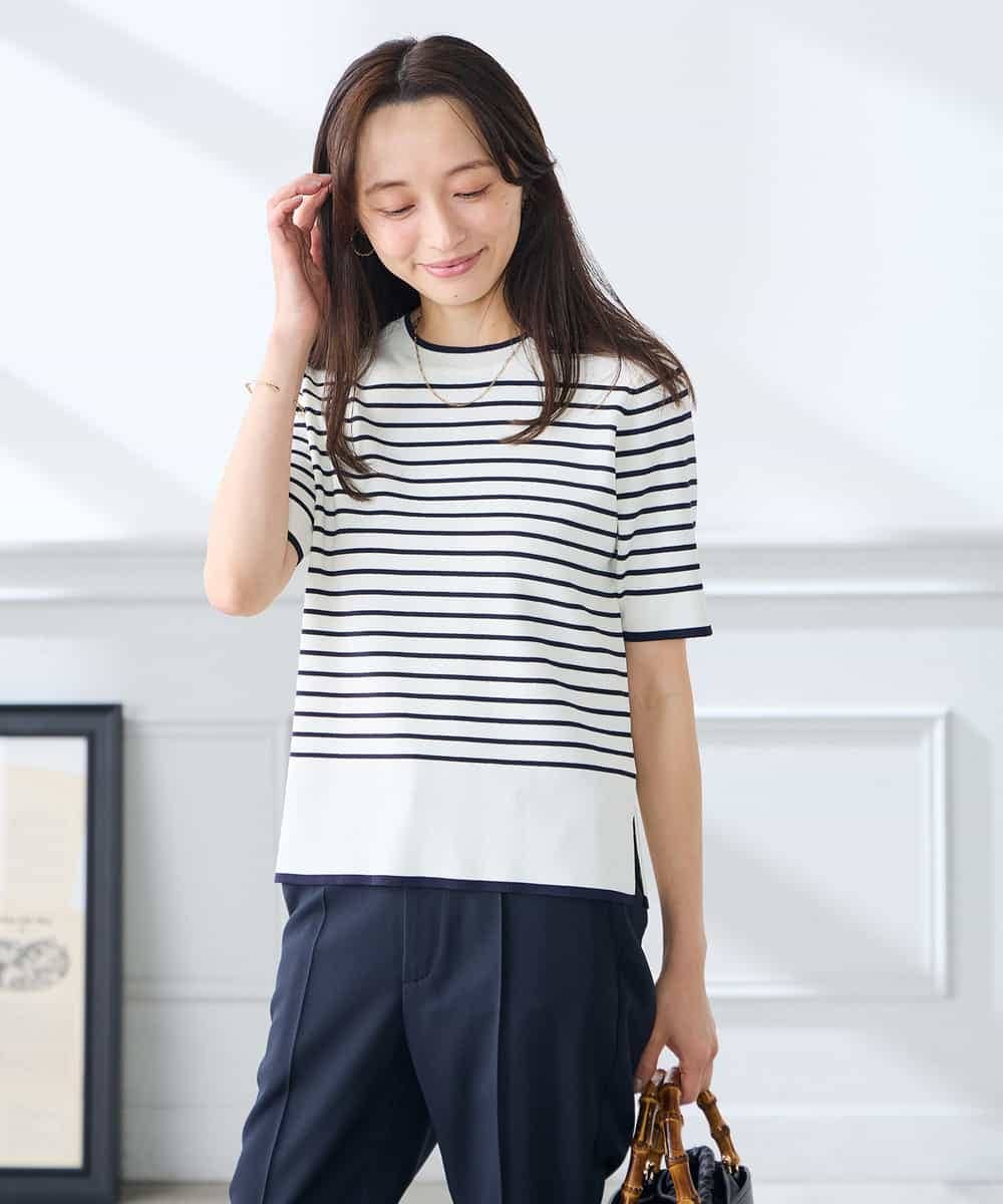 K3FGD20039 a.v.v Elmi(アー・ヴェ・ヴェ) 【低身長サイズ】ハーフスリーブクルーネックサマーニット【洗える/接触冷感/UVカット】 グリーン