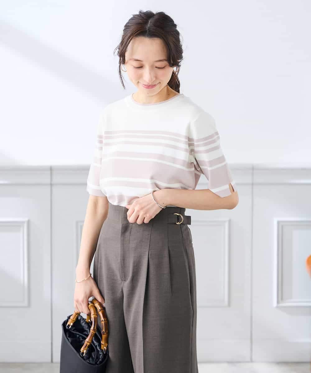 K3FGD20039 a.v.v Elmi(アー・ヴェ・ヴェ) 【低身長サイズ】ハーフスリーブクルーネックサマーニット【洗える/接触冷感/UVカット】 グリーン