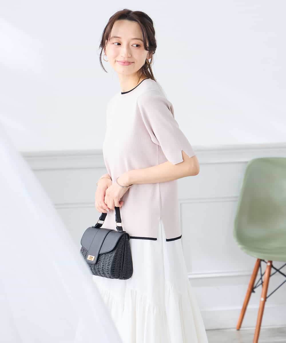 K3FGD20039 a.v.v Elmi(アー・ヴェ・ヴェ) 【低身長サイズ】ハーフスリーブクルーネックサマーニット【洗える/接触冷感/UVカット】 グリーン