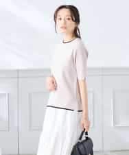 K3FGD20039 a.v.v Elmi(アー・ヴェ・ヴェ) 【低身長サイズ】ハーフスリーブクルーネックサマーニット【洗える/接触冷感/UVカット】 グリーン