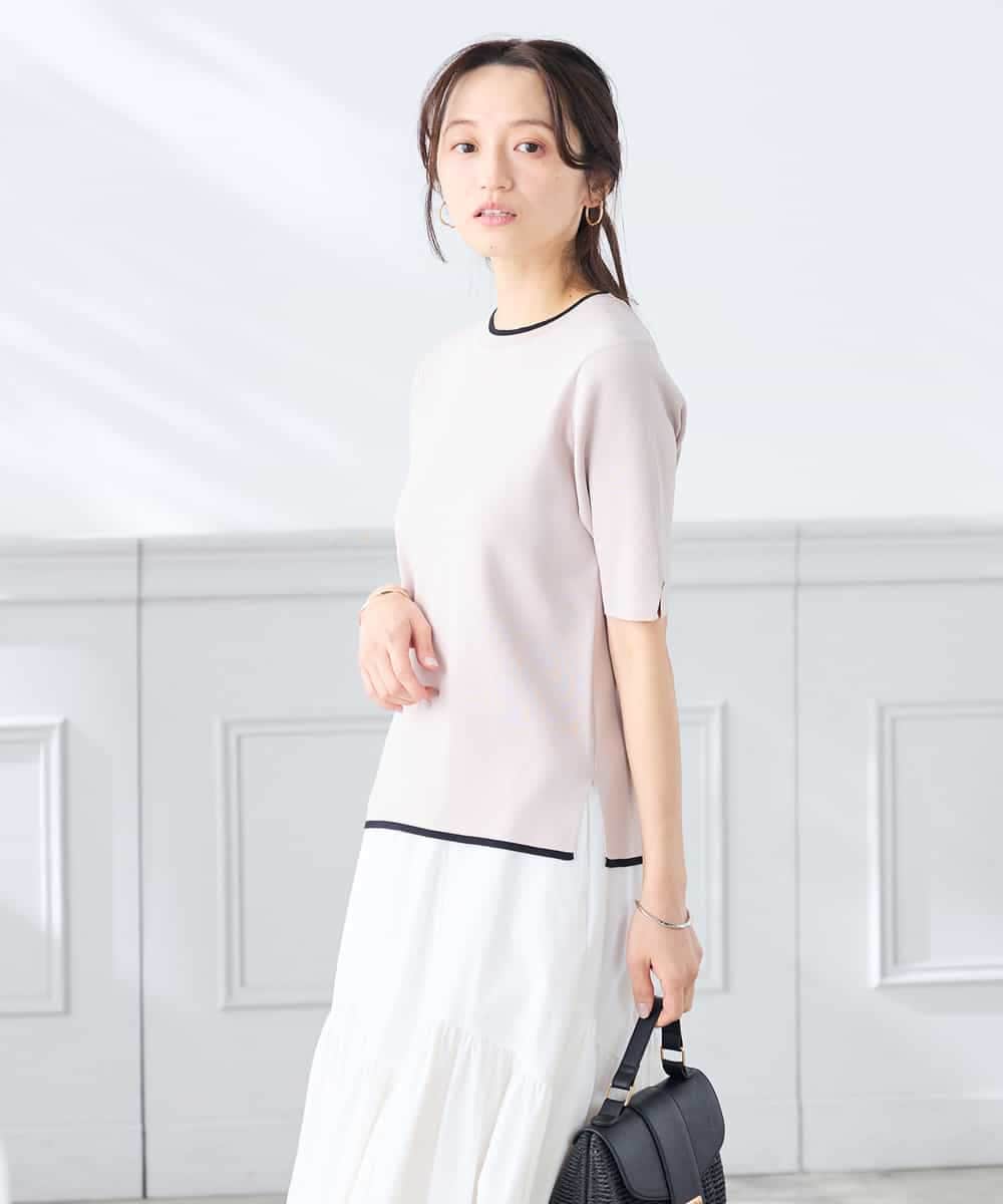 K3FGD20039 a.v.v Elmi(アー・ヴェ・ヴェ) 【低身長サイズ】ハーフスリーブクルーネックサマーニット【洗える/接触冷感/UVカット】 グリーン