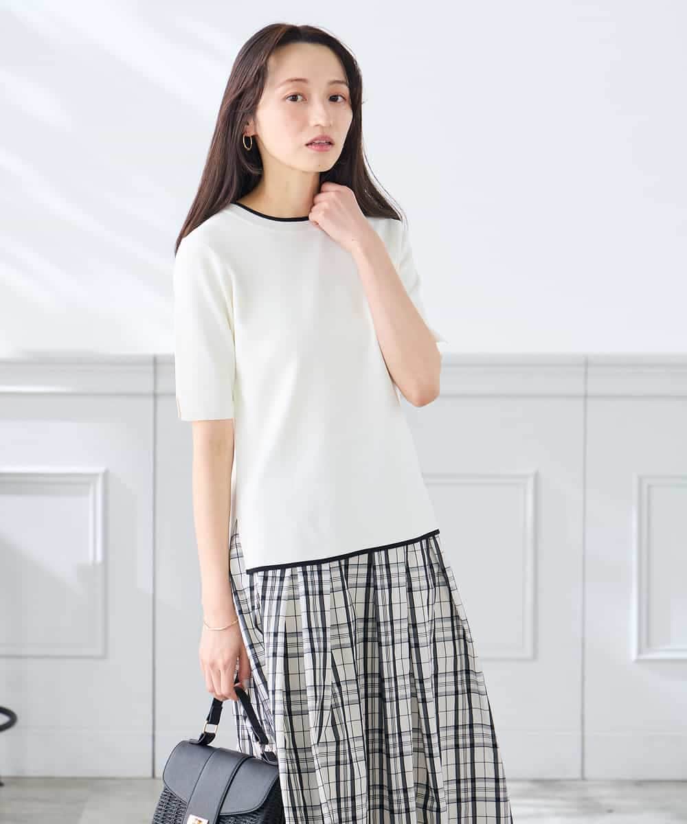 K3FGD20039 a.v.v Elmi(アー・ヴェ・ヴェ) 【低身長サイズ】ハーフスリーブクルーネックサマーニット【洗える/接触冷感/UVカット】 グリーン