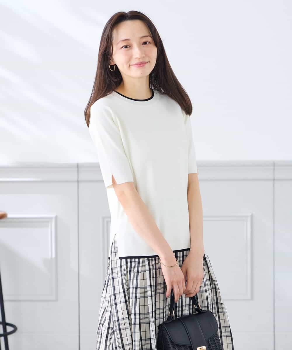 K3FGD20039 a.v.v Elmi(アー・ヴェ・ヴェ) 【低身長サイズ】ハーフスリーブクルーネックサマーニット【洗える/接触冷感/UVカット】 グリーン