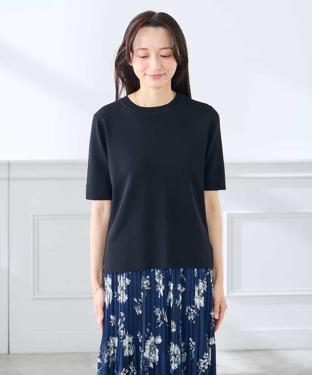 K3FGD20039 a.v.v Elmi(アー・ヴェ・ヴェ) 【低身長サイズ】ハーフスリーブクルーネックサマーニット【洗える/接触冷感/UVカット】 グリーン