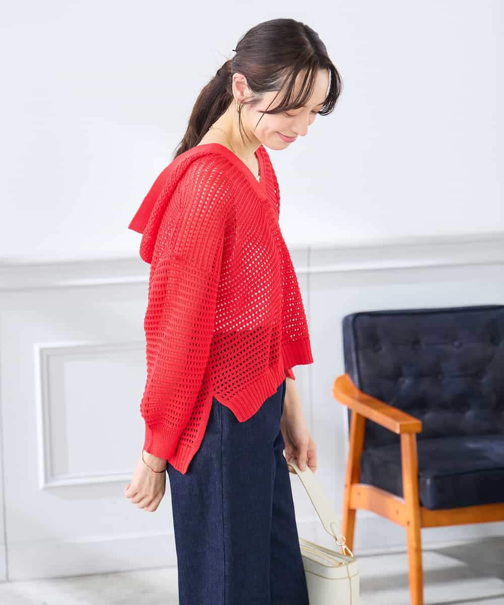 K3FGD31054 a.v.v Elmi(アー・ヴェ・ヴェ) 【低身長サイズ】メッシュフードニットプルオーバー レッド