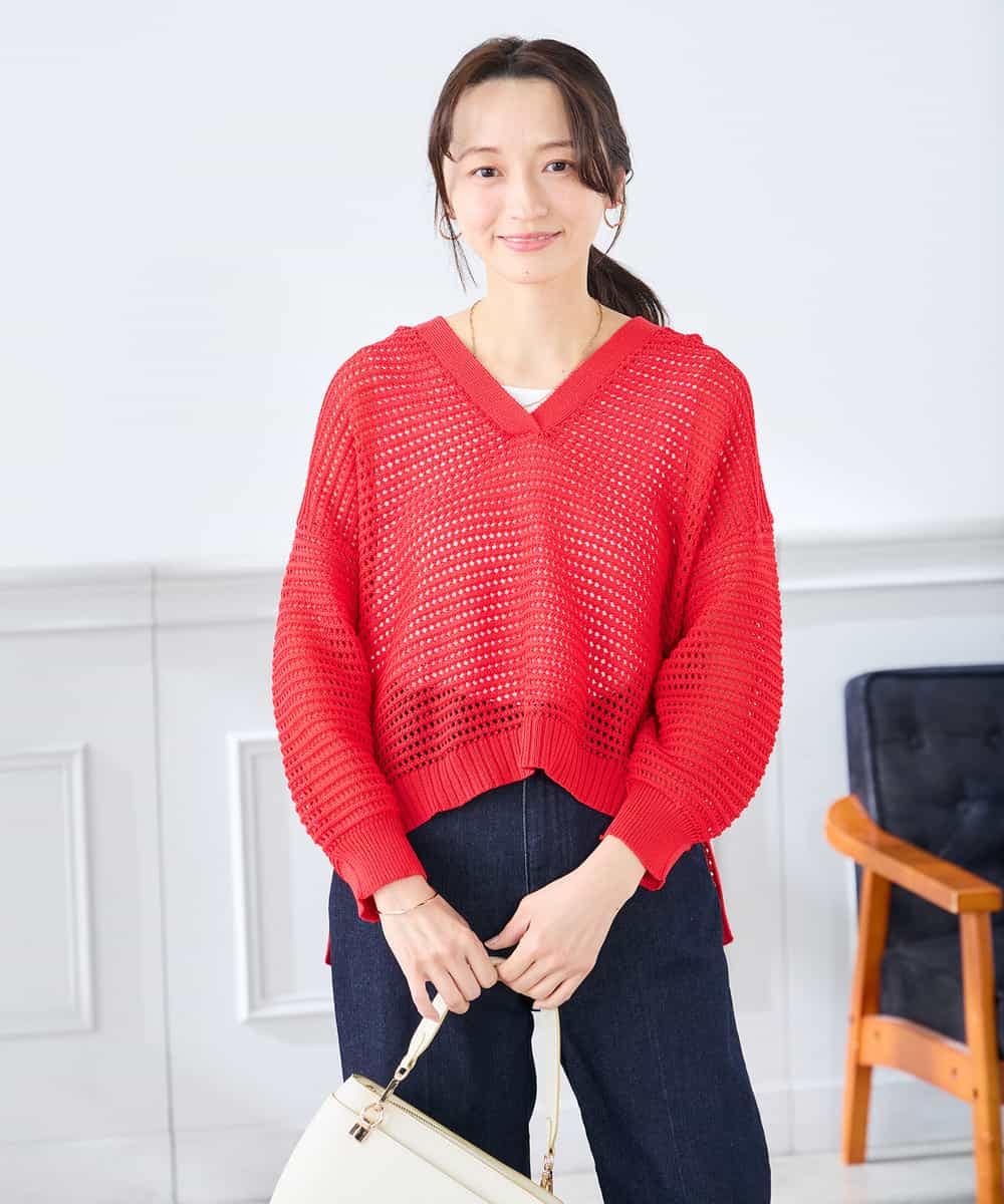 K3FGD31054 a.v.v Elmi(アー・ヴェ・ヴェ) 【低身長サイズ】メッシュフードニットプルオーバー レッド