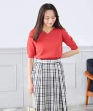 K3FGD59039 a.v.v Elmi(アー・ヴェ・ヴェ) 【低身長サイズ】ハーフスリーブVネックサマーニット【洗える/接触冷感/UVカット】 レッド