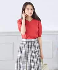 K3FGD59039 a.v.v Elmi(アー・ヴェ・ヴェ) 【低身長サイズ】ハーフスリーブVネックサマーニット【洗える/接触冷感/UVカット】 レッド