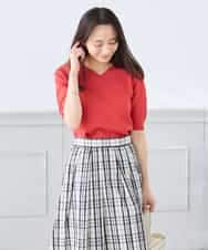 K3FGD59039 a.v.v Elmi(アー・ヴェ・ヴェ) 【低身長サイズ】ハーフスリーブVネックサマーニット【洗える/接触冷感/UVカット】 レッド