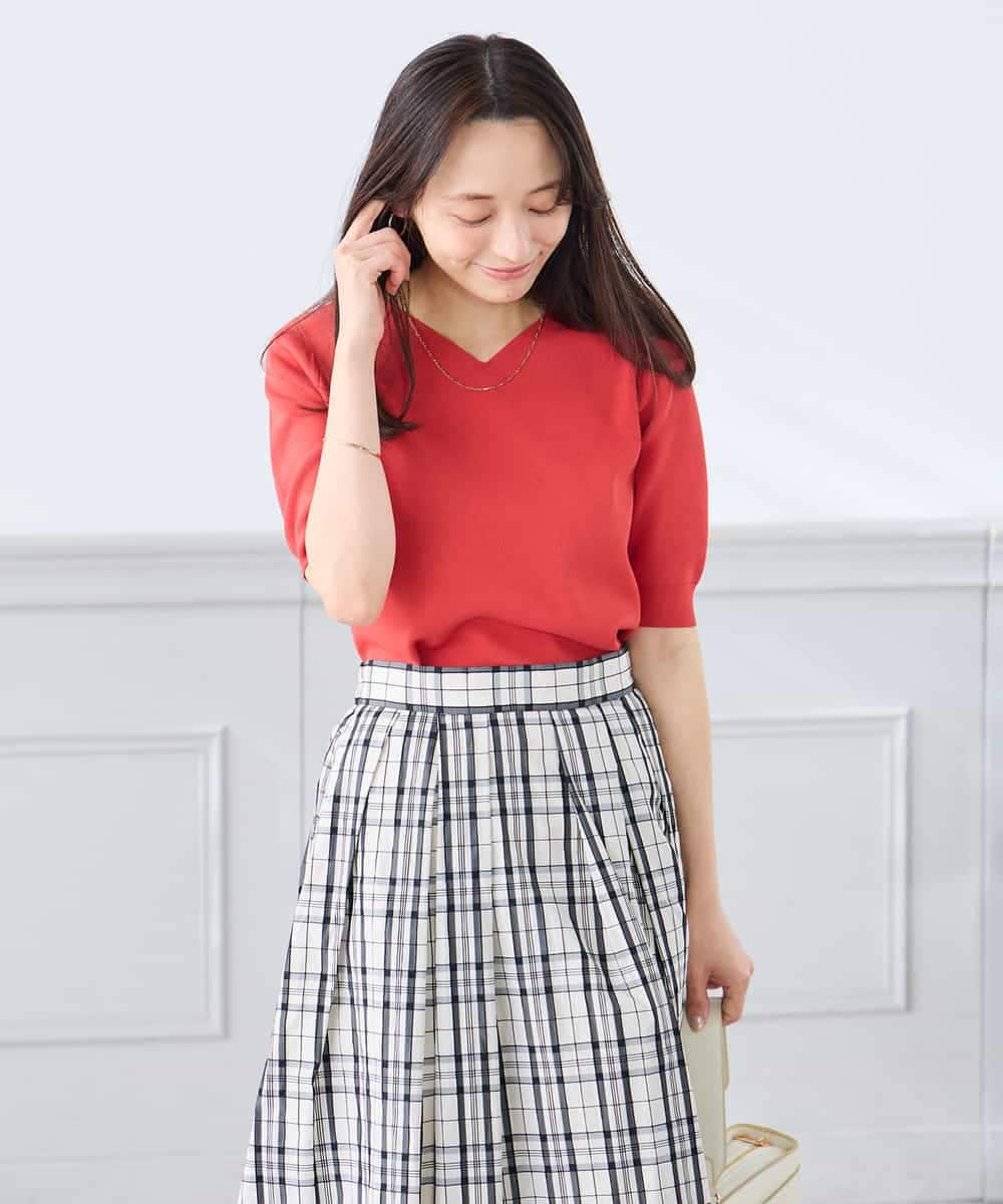 K3FGD59039 a.v.v Elmi(アー・ヴェ・ヴェ) 【低身長サイズ】ハーフスリーブVネックサマーニット【洗える/接触冷感/UVカット】 レッド