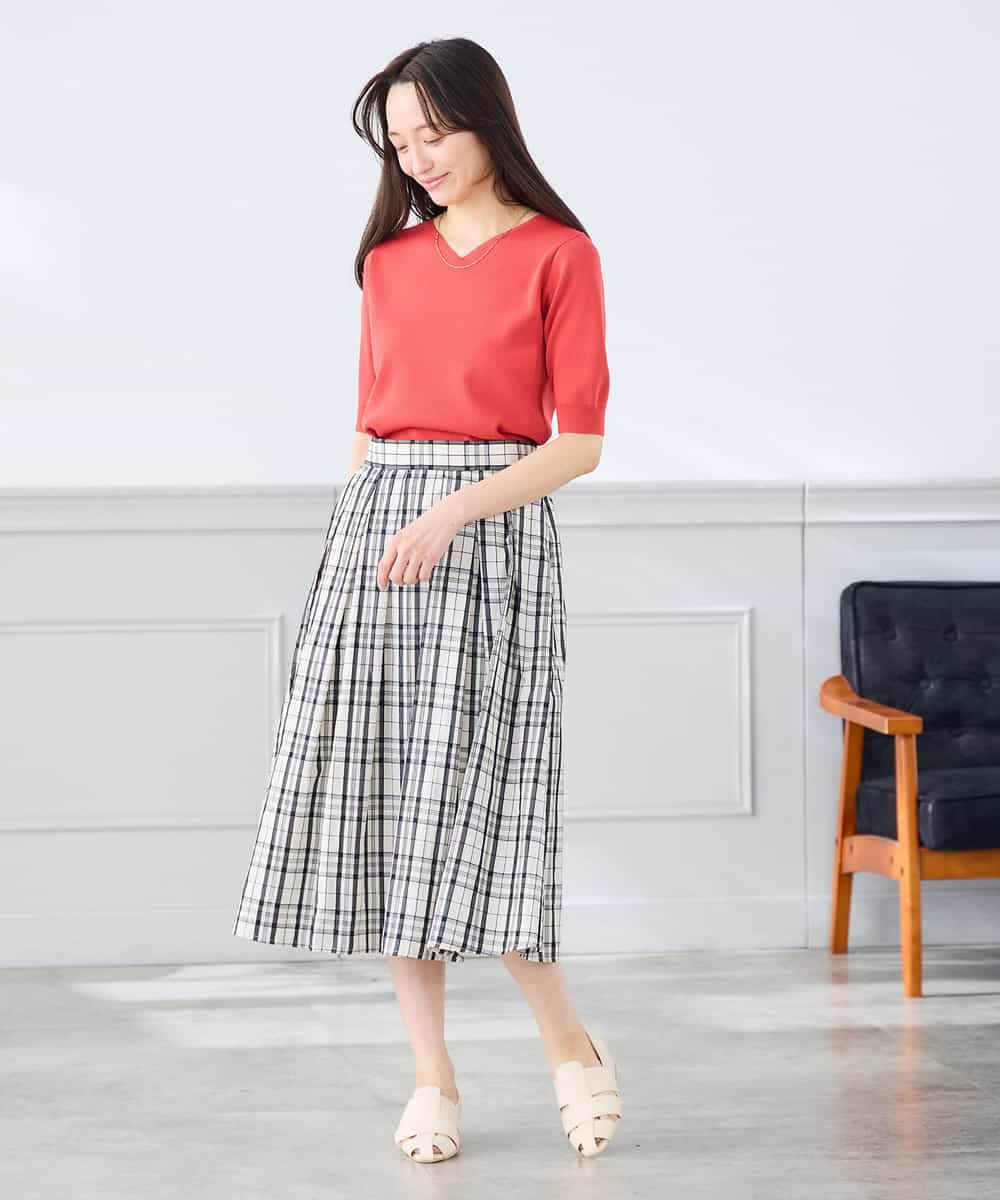 K3FGD59039 a.v.v Elmi(アー・ヴェ・ヴェ) 【低身長サイズ】ハーフスリーブVネックサマーニット【洗える/接触冷感/UVカット】 レッド