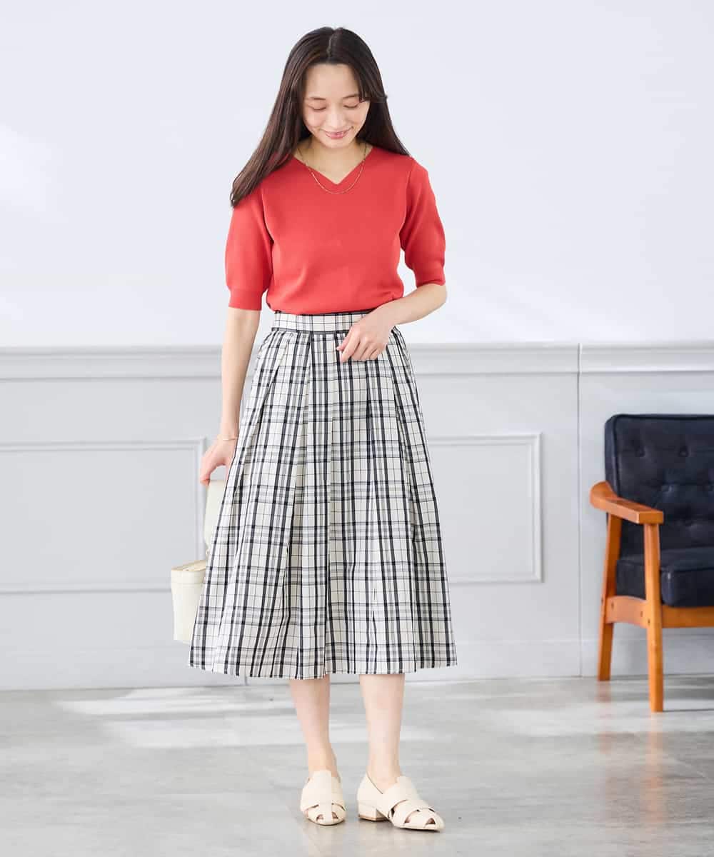 K3FGD59039 a.v.v Elmi(アー・ヴェ・ヴェ) 【低身長サイズ】ハーフスリーブVネックサマーニット【洗える/接触冷感/UVカット】 レッド