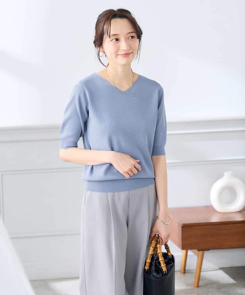 K3FGD59039 a.v.v Elmi(アー・ヴェ・ヴェ) 【低身長サイズ】ハーフスリーブVネックサマーニット【洗える/接触冷感/UVカット】 レッド