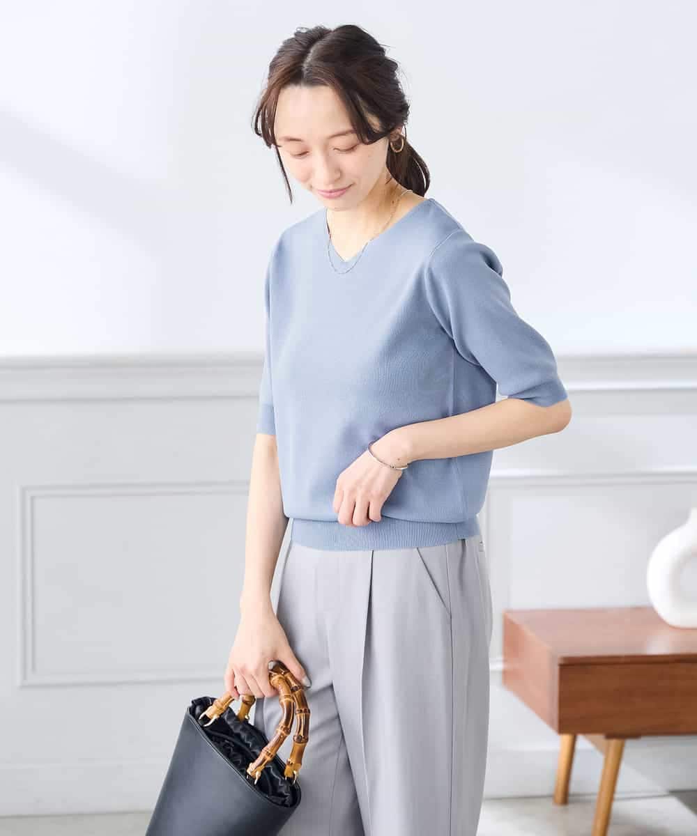 K3FGD59039 a.v.v Elmi(アー・ヴェ・ヴェ) 【低身長サイズ】ハーフスリーブVネックサマーニット【洗える/接触冷感/UVカット】 レッド