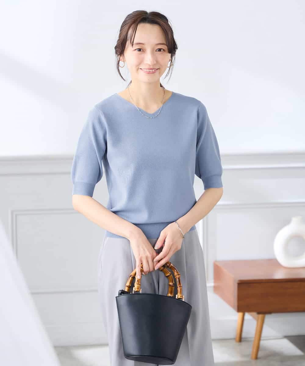 K3FGD59039 a.v.v Elmi(アー・ヴェ・ヴェ) 【低身長サイズ】ハーフスリーブVネックサマーニット【洗える/接触冷感/UVカット】 レッド