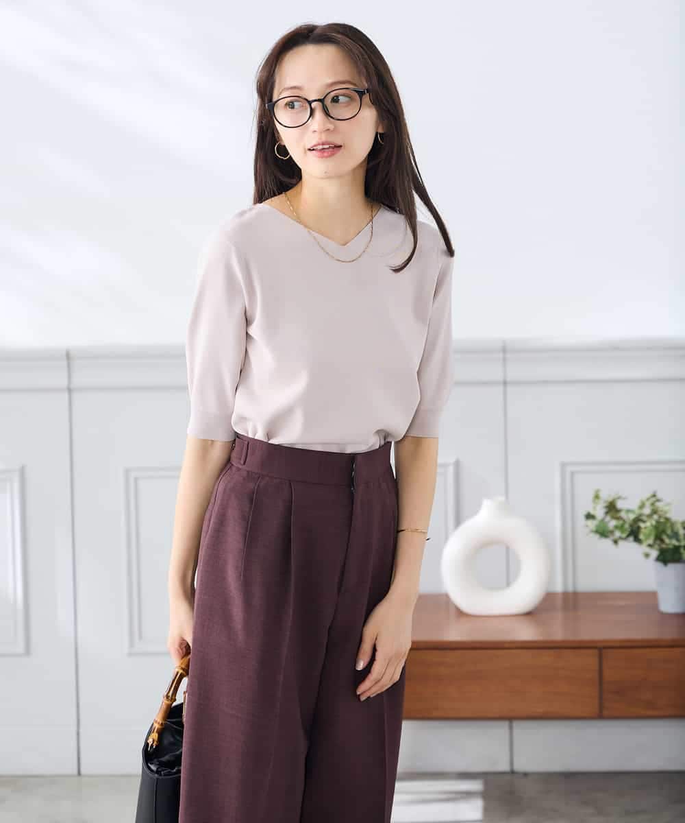 K3FGD59039 a.v.v Elmi(アー・ヴェ・ヴェ) 【低身長サイズ】ハーフスリーブVネックサマーニット【洗える/接触冷感/UVカット】 レッド