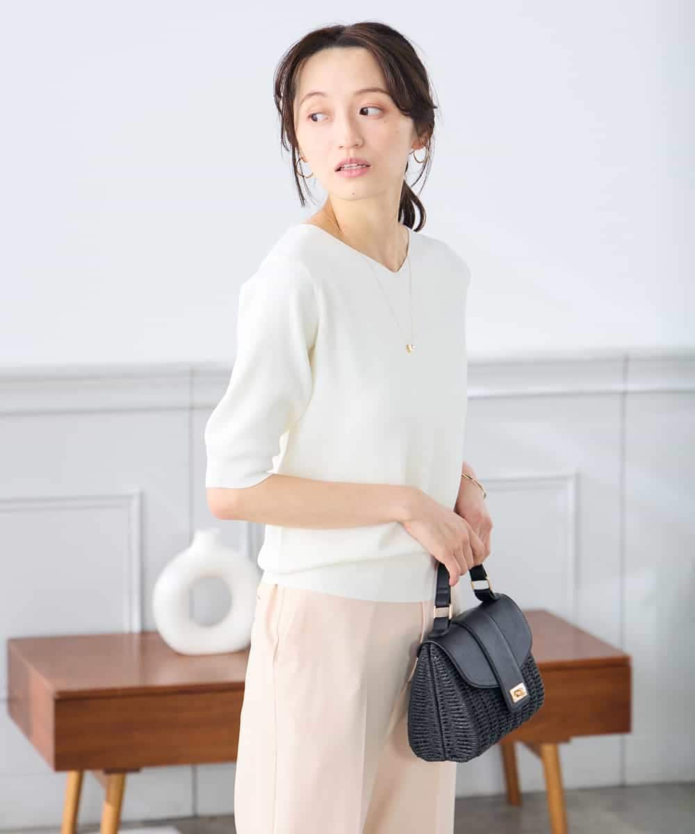 K3FGD59039 a.v.v Elmi(アー・ヴェ・ヴェ) 【低身長サイズ】ハーフスリーブVネックサマーニット【洗える/接触冷感/UVカット】 レッド