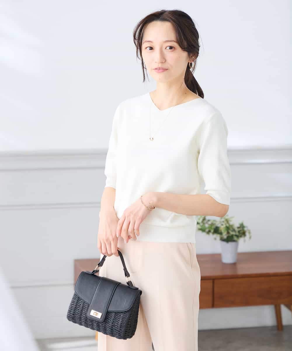 K3FGD59039 a.v.v Elmi(アー・ヴェ・ヴェ) 【低身長サイズ】ハーフスリーブVネックサマーニット【洗える/接触冷感/UVカット】 レッド