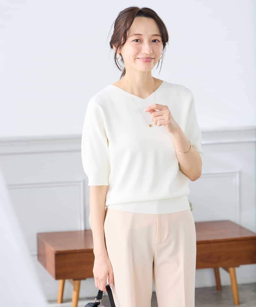 K3FGD59039 a.v.v Elmi(アー・ヴェ・ヴェ) 【低身長サイズ】ハーフスリーブVネックサマーニット【洗える/接触冷感/UVカット】 レッド