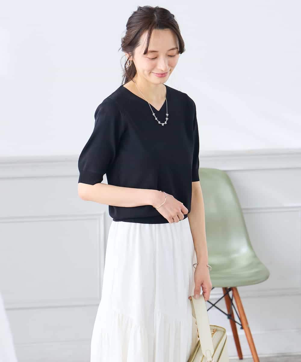 K3FGD59039 a.v.v Elmi(アー・ヴェ・ヴェ) 【低身長サイズ】ハーフスリーブVネックサマーニット【洗える/接触冷感/UVカット】 レッド