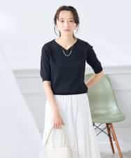 K3FGD59039 a.v.v Elmi(アー・ヴェ・ヴェ) 【低身長サイズ】ハーフスリーブVネックサマーニット【洗える/接触冷感/UVカット】 レッド