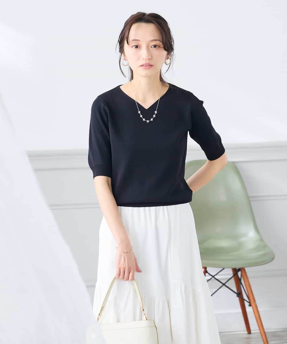 K3FGD59039 a.v.v Elmi(アー・ヴェ・ヴェ) 【低身長サイズ】ハーフスリーブVネックサマーニット【洗える/接触冷感/UVカット】 レッド