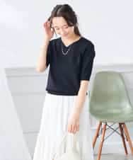 K3FGD59039 a.v.v Elmi(アー・ヴェ・ヴェ) 【低身長サイズ】ハーフスリーブVネックサマーニット【洗える/接触冷感/UVカット】 レッド