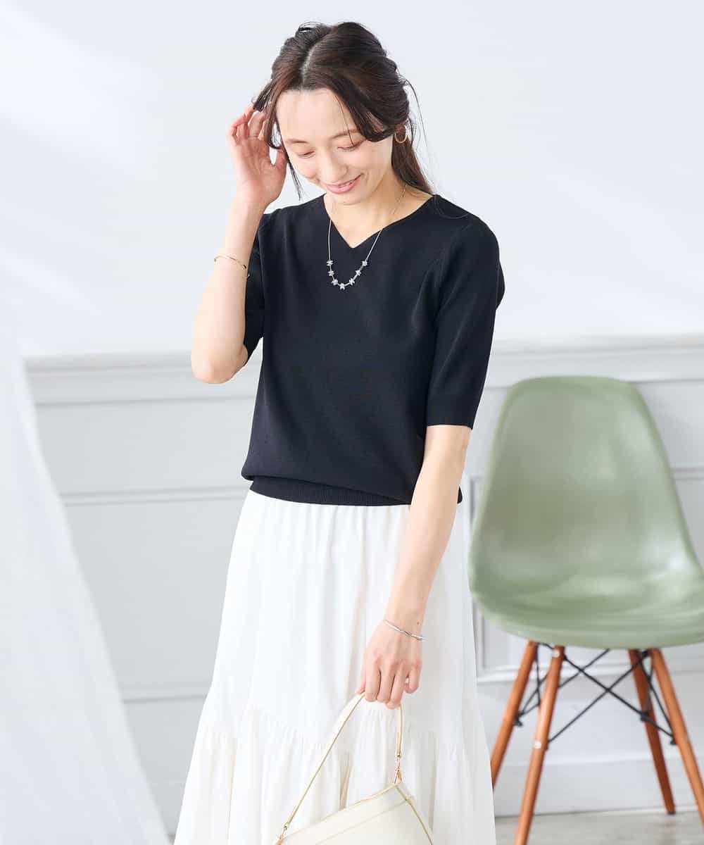 K3FGD59039 a.v.v Elmi(アー・ヴェ・ヴェ) 【低身長サイズ】ハーフスリーブVネックサマーニット【洗える/接触冷感/UVカット】 レッド