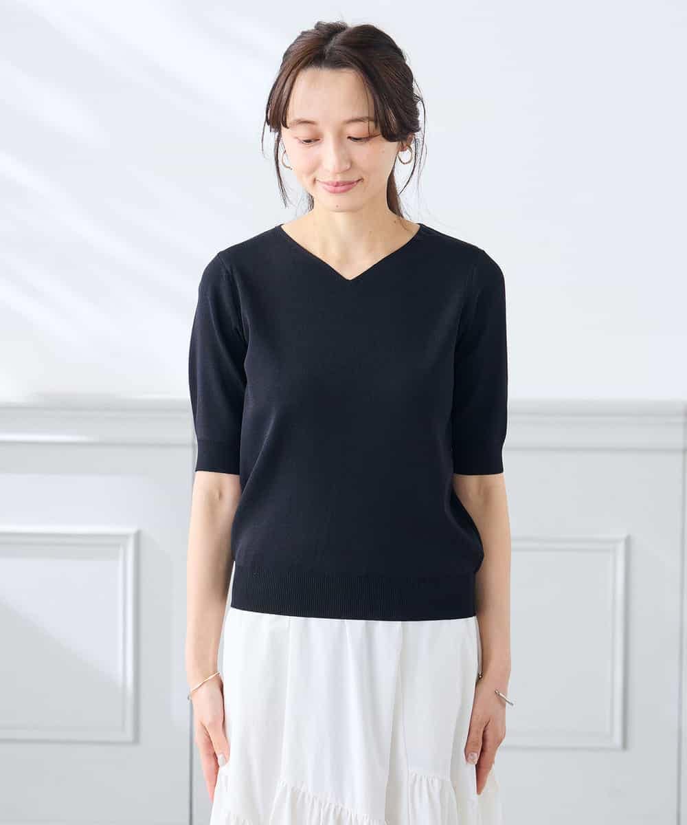 K3FGD59039 a.v.v Elmi(アー・ヴェ・ヴェ) 【低身長サイズ】ハーフスリーブVネックサマーニット【洗える/接触冷感/UVカット】 レッド