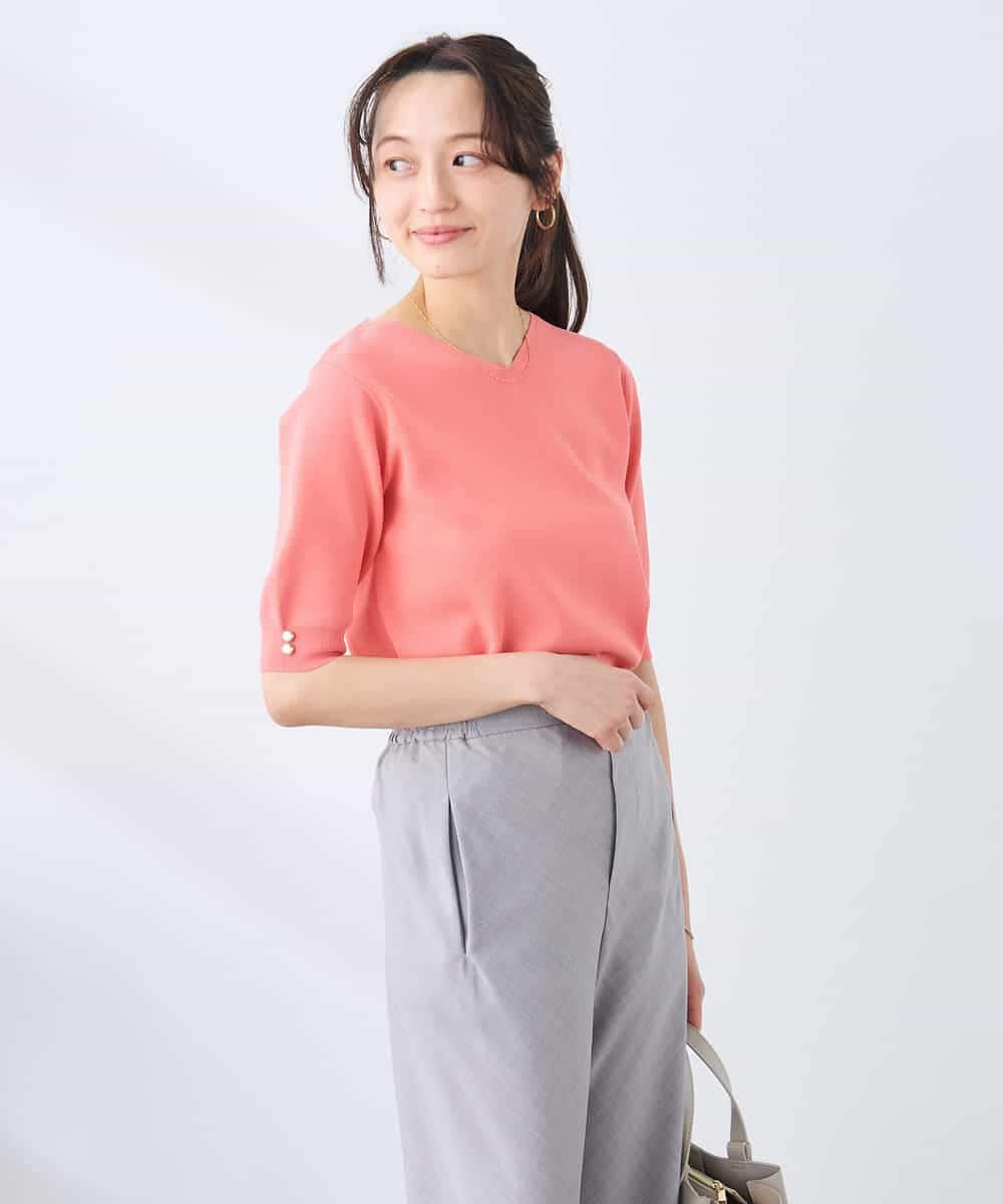 K3FGD79039 a.v.v Elmi(アー・ヴェ・ヴェ) 【低身長サイズ】袖ディテールハーフスリーブVネックサマーニット【洗える/接触冷感/UVカット】 オレンジ