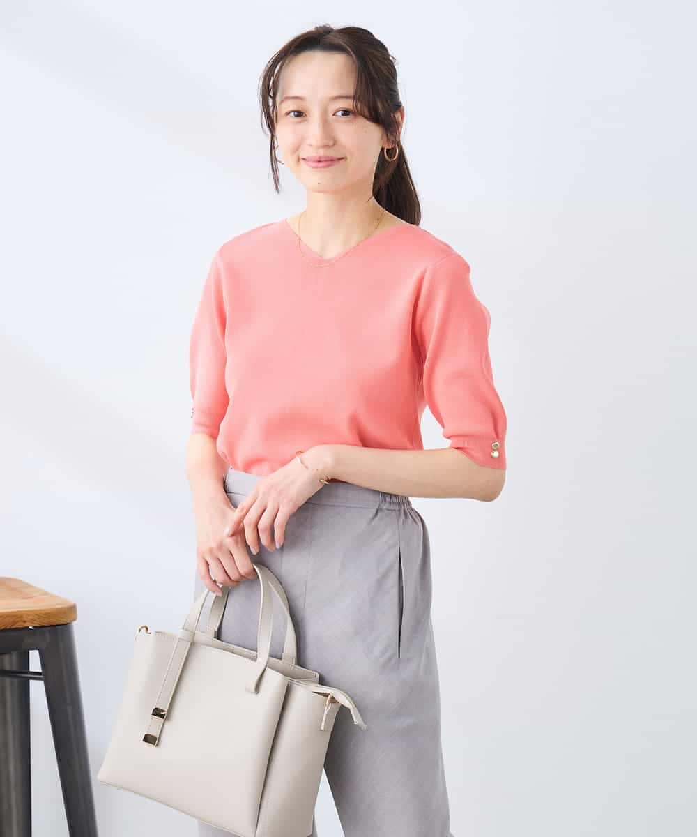 K3FGD79039 a.v.v Elmi(アー・ヴェ・ヴェ) 【低身長サイズ】袖ディテールハーフスリーブVネックサマーニット【洗える/接触冷感/UVカット】 オレンジ