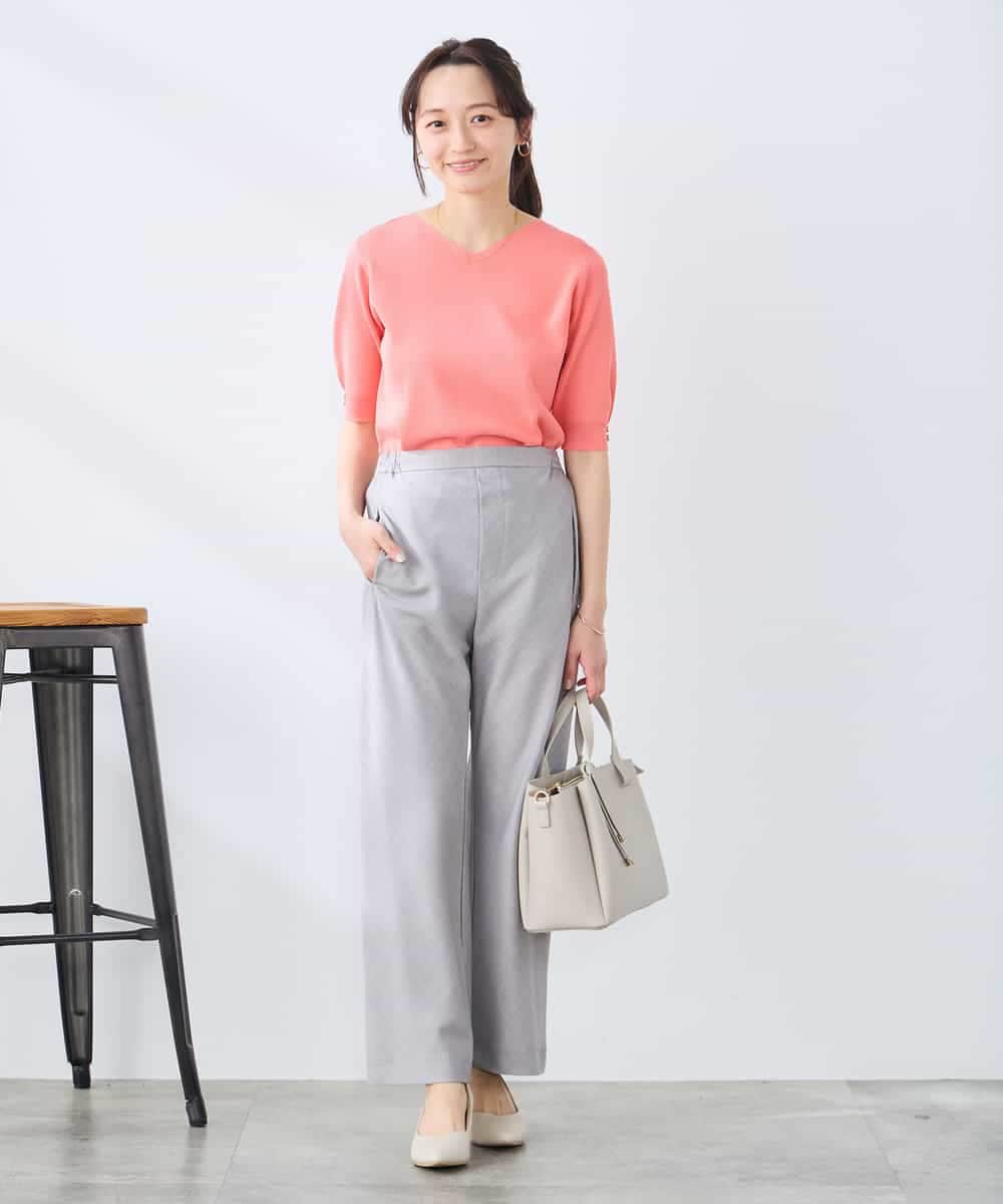 K3FGD79039 a.v.v Elmi(アー・ヴェ・ヴェ) 【低身長サイズ】袖ディテールハーフスリーブVネックサマーニット【洗える/接触冷感/UVカット】 オレンジ