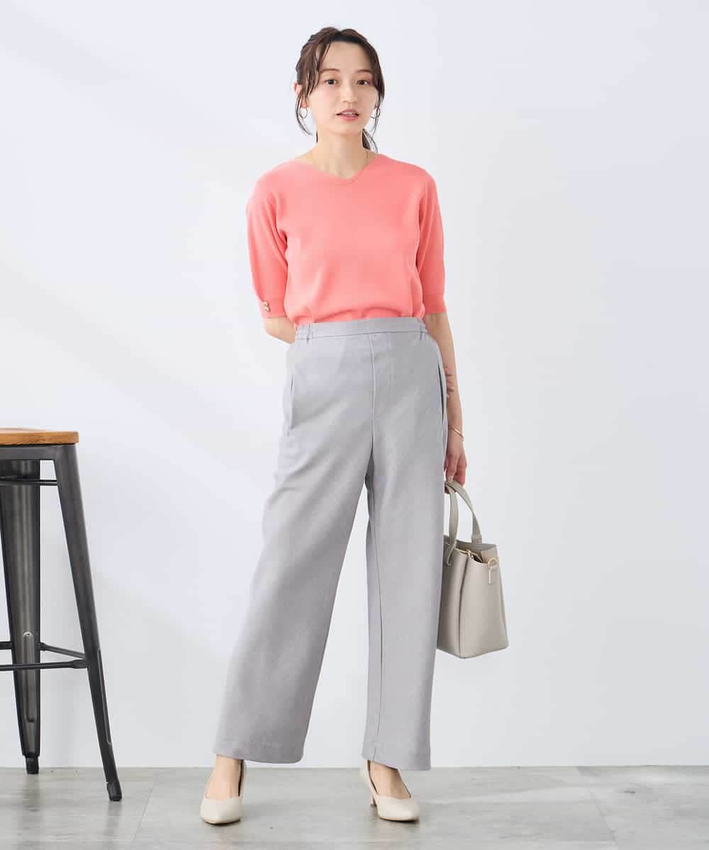 K3FGD79039 a.v.v Elmi(アー・ヴェ・ヴェ) 【低身長サイズ】袖ディテールハーフスリーブVネックサマーニット【洗える/接触冷感/UVカット】 オレンジ