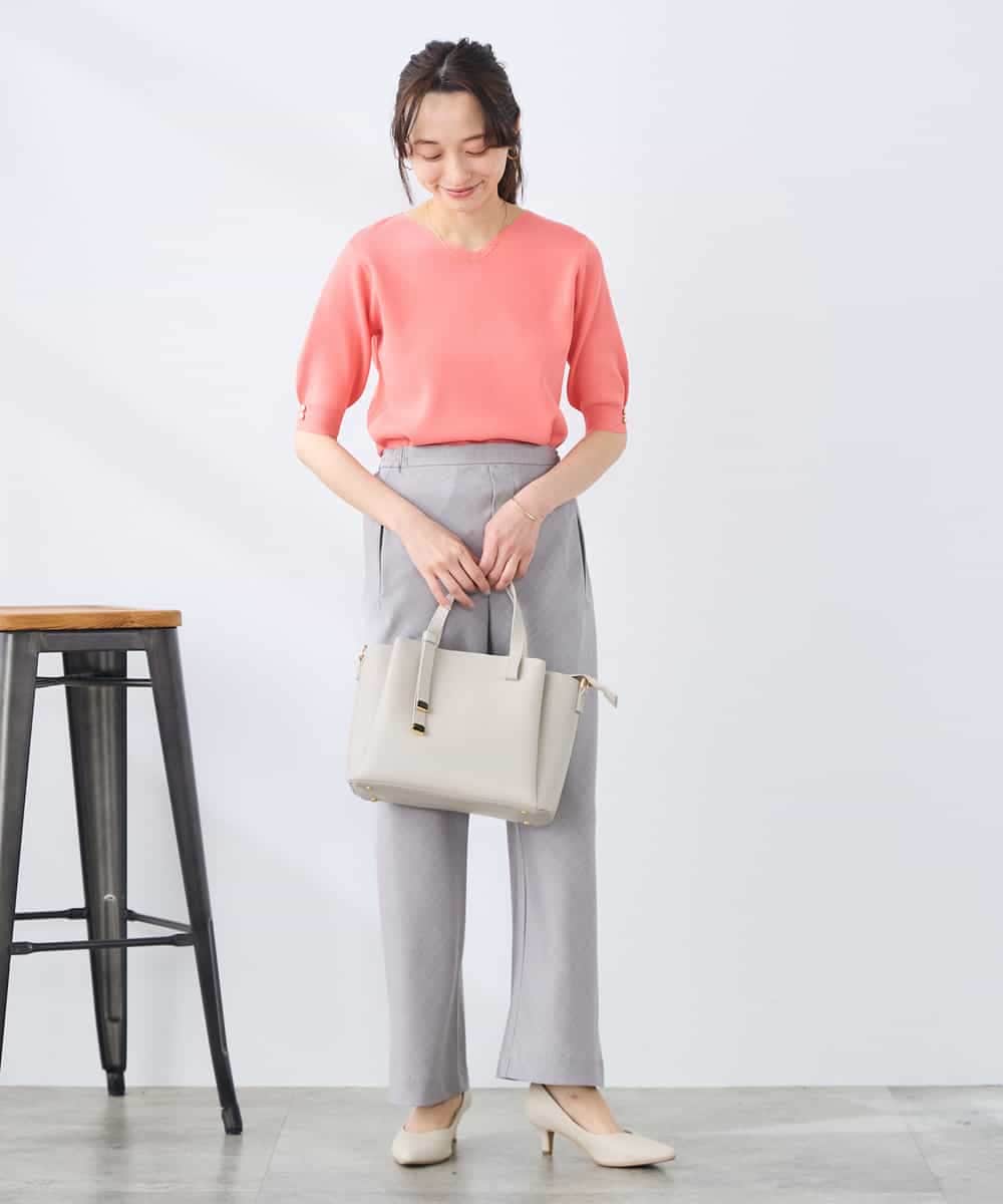 K3FGD79039 a.v.v Elmi(アー・ヴェ・ヴェ) 【低身長サイズ】袖ディテールハーフスリーブVネックサマーニット【洗える/接触冷感/UVカット】 オレンジ