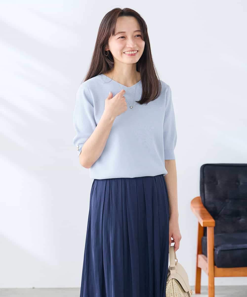 K3FGD79039 a.v.v Elmi(アー・ヴェ・ヴェ) 【低身長サイズ】袖ディテールハーフスリーブVネックサマーニット【洗える/接触冷感/UVカット】 オレンジ