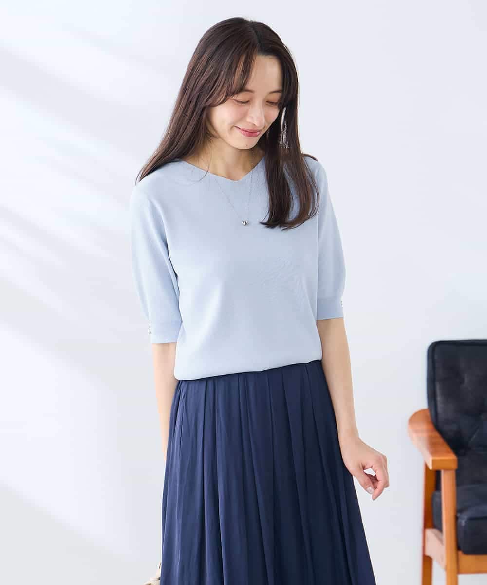 K3FGD79039 a.v.v Elmi(アー・ヴェ・ヴェ) 【低身長サイズ】袖ディテールハーフスリーブVネックサマーニット【洗える/接触冷感/UVカット】 オレンジ