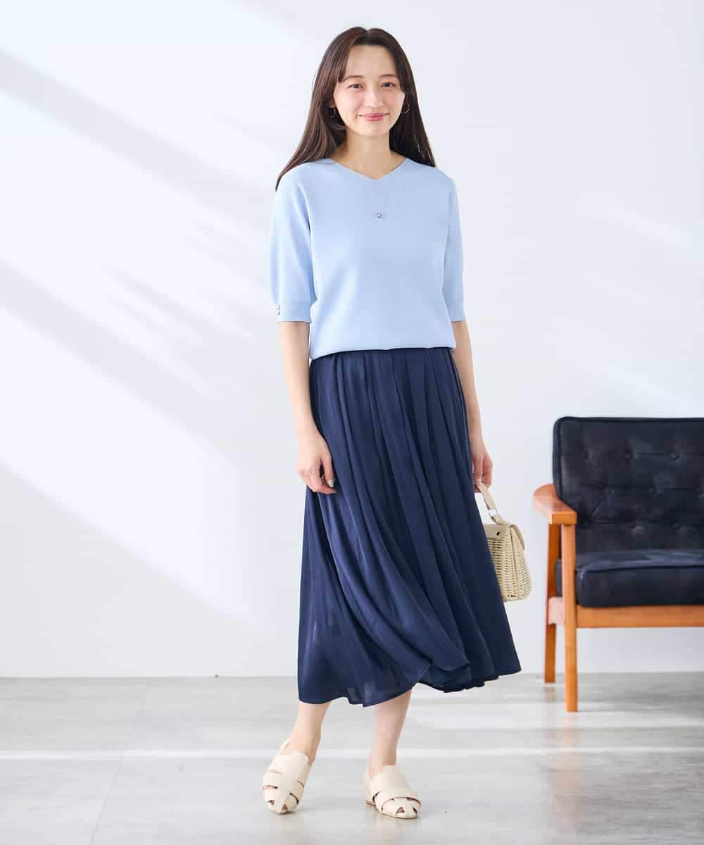 K3FGD79039 a.v.v Elmi(アー・ヴェ・ヴェ) 【低身長サイズ】袖ディテールハーフスリーブVネックサマーニット【洗える/接触冷感/UVカット】 オレンジ