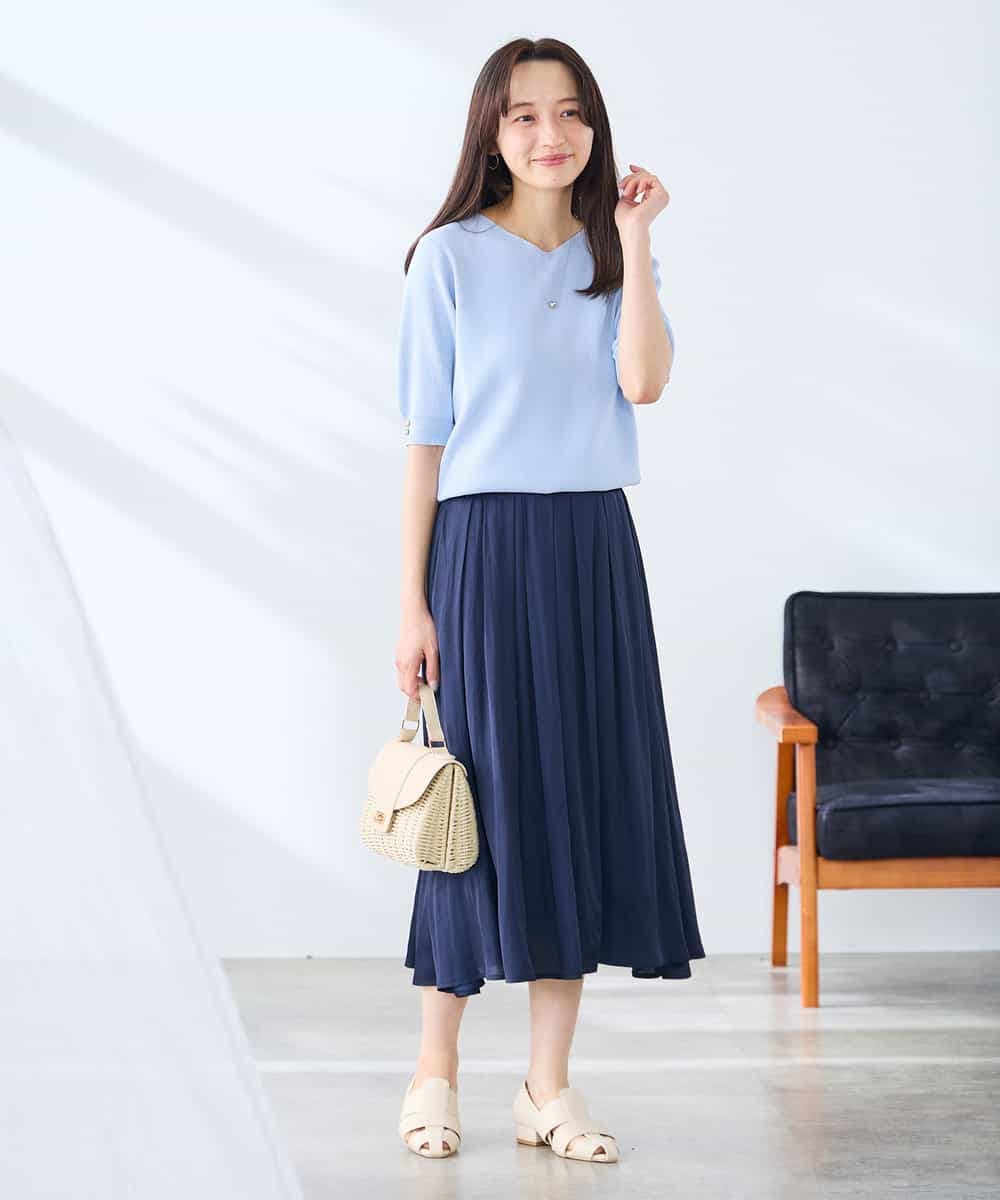 K3FGD79039 a.v.v Elmi(アー・ヴェ・ヴェ) 【低身長サイズ】袖ディテールハーフスリーブVネックサマーニット【洗える/接触冷感/UVカット】 オレンジ