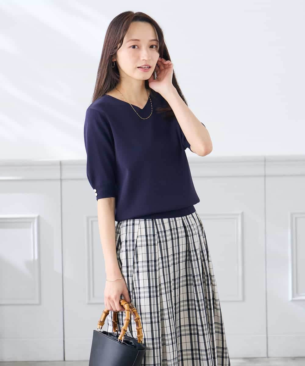 K3FGD79039 a.v.v Elmi(アー・ヴェ・ヴェ) 【低身長サイズ】袖ディテールハーフスリーブVネックサマーニット【洗える/接触冷感/UVカット】 オレンジ