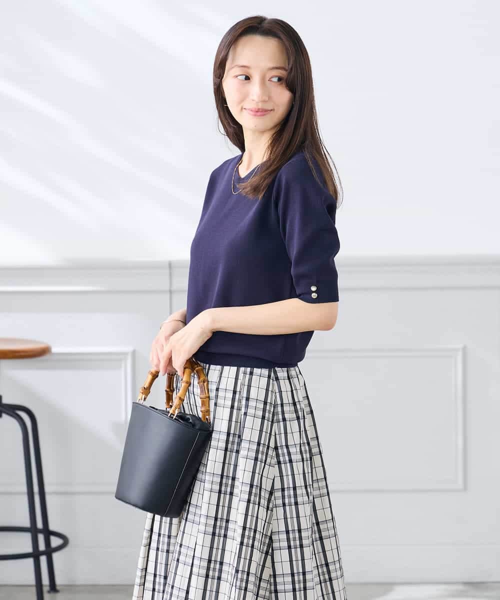 K3FGD79039 a.v.v Elmi(アー・ヴェ・ヴェ) 【低身長サイズ】袖ディテールハーフスリーブVネックサマーニット【洗える/接触冷感/UVカット】 オレンジ