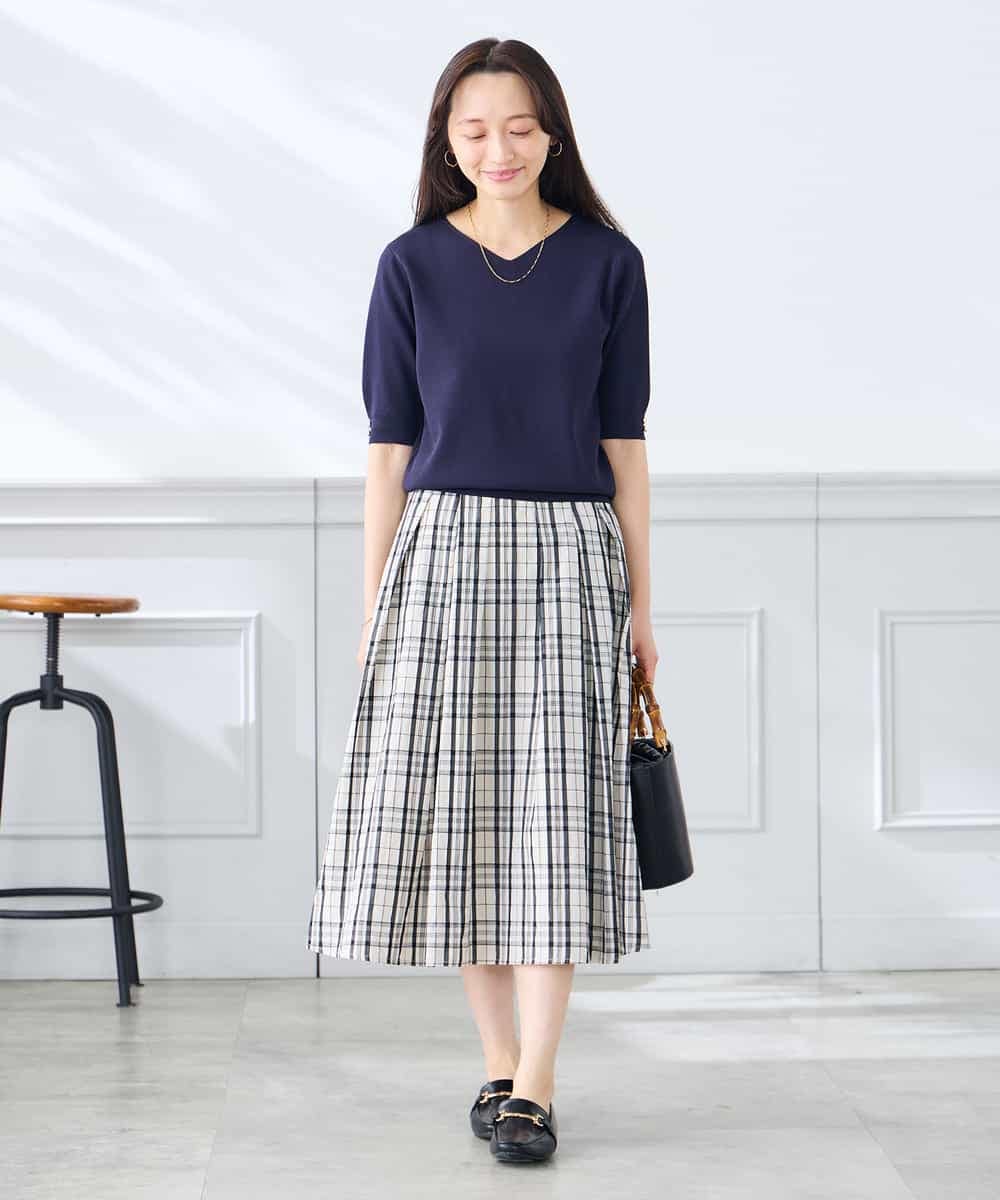 K3FGD79039 a.v.v Elmi(アー・ヴェ・ヴェ) 【低身長サイズ】袖ディテールハーフスリーブVネックサマーニット【洗える/接触冷感/UVカット】 オレンジ