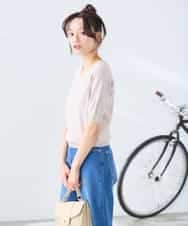 K3FGD79039 a.v.v Elmi(アー・ヴェ・ヴェ) 【低身長サイズ】袖ディテールハーフスリーブVネックサマーニット【洗える/接触冷感/UVカット】 オレンジ