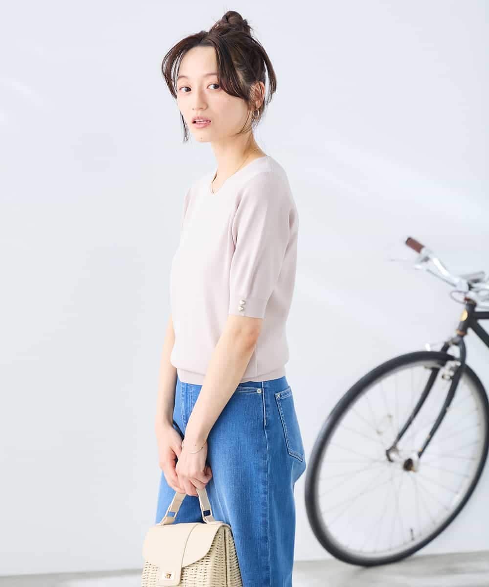 K3FGD79039 a.v.v Elmi(アー・ヴェ・ヴェ) 【低身長サイズ】袖ディテールハーフスリーブVネックサマーニット【洗える/接触冷感/UVカット】 オレンジ