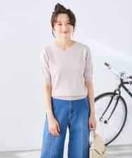 K3FGD79039 a.v.v Elmi(アー・ヴェ・ヴェ) 【低身長サイズ】袖ディテールハーフスリーブVネックサマーニット【洗える/接触冷感/UVカット】 オレンジ