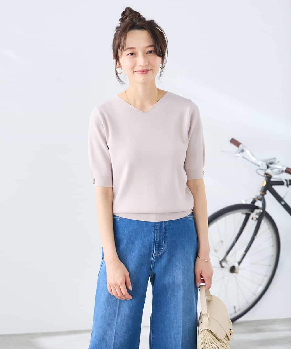 K3FGD79039 a.v.v Elmi(アー・ヴェ・ヴェ) 【低身長サイズ】袖ディテールハーフスリーブVネックサマーニット【洗える/接触冷感/UVカット】 オレンジ