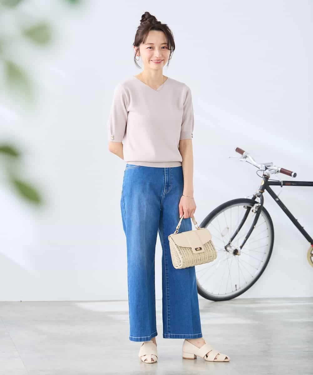 K3FGD79039 a.v.v Elmi(アー・ヴェ・ヴェ) 【低身長サイズ】袖ディテールハーフスリーブVネックサマーニット【洗える/接触冷感/UVカット】 オレンジ