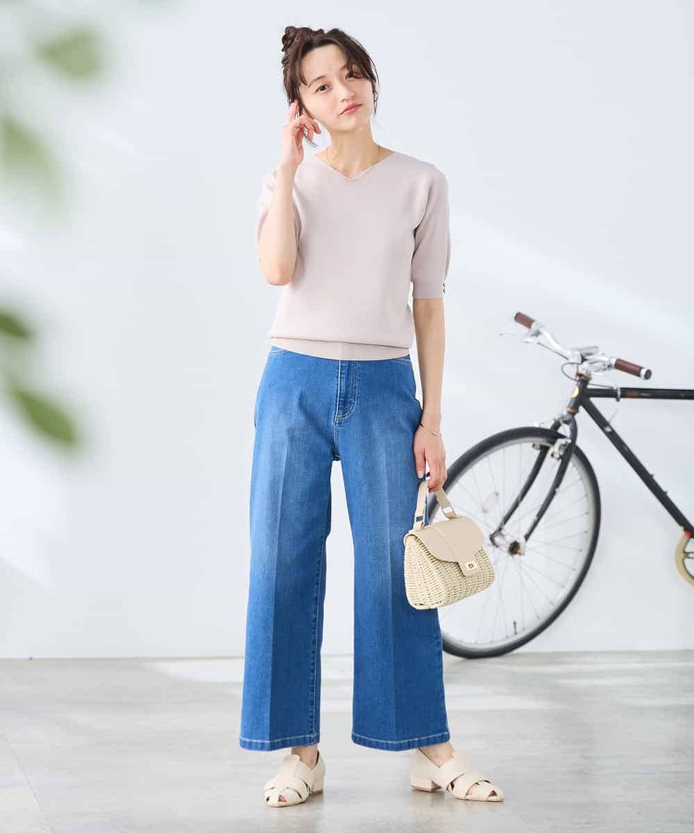 K3FGD79039 a.v.v Elmi(アー・ヴェ・ヴェ) 【低身長サイズ】袖ディテールハーフスリーブVネックサマーニット【洗える/接触冷感/UVカット】 オレンジ